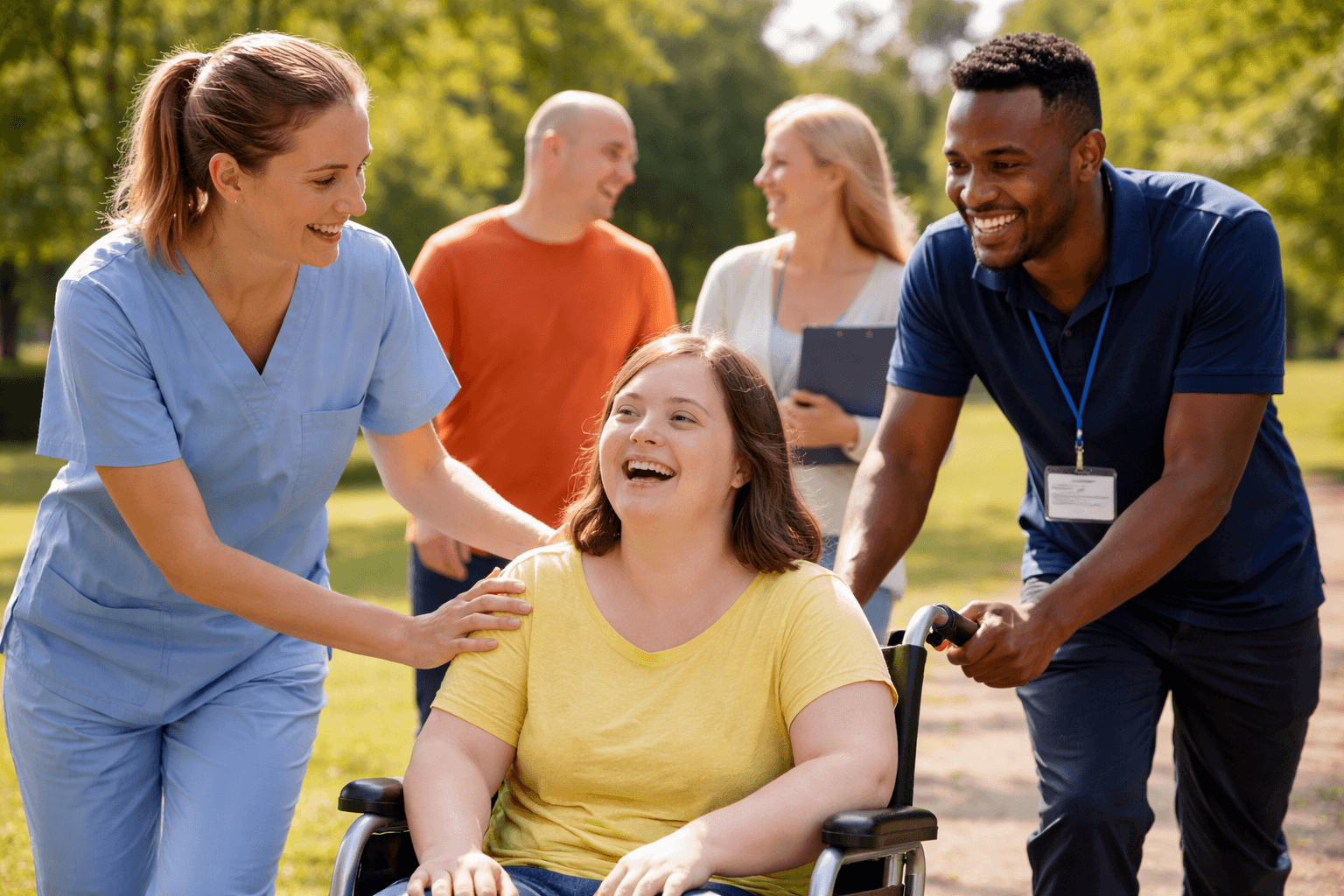 A support worker walking outdoors alongside a smiling participant in a wheelchair