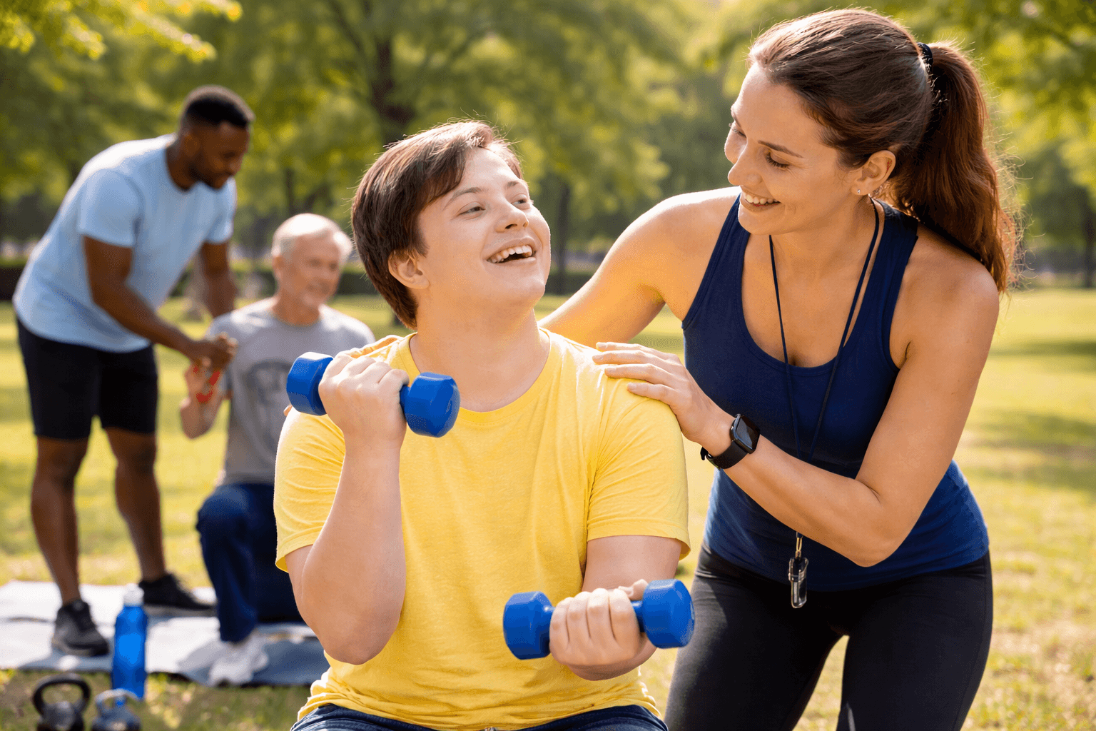 A trainer encouraging a smiling participant during a gentle outdoor exercise session